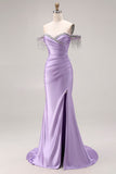 Petite robe de bal longue perlée perlée en satin en satin