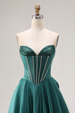 Corset longue longue-forme perlée en satin vert foncé en ligne A avec un nœud