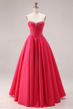 Corset A-Line Sweetheart Candy Pink Longue robe de bal froncée avec perles