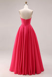 Corset A-Line Sweetheart Candy Pink Longue robe de bal froncée avec perles