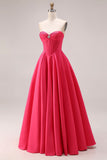 Corset A-Line Sweetheart Candy Pink Longue robe de bal froncée avec perles