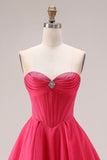 Corset A-Line Sweetheart Candy Pink Longue robe de bal froncée avec perles