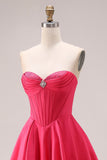 Corset A-Line Sweetheart Candy Pink Longue robe de bal froncée avec perles
