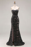 Petite robe de bal longue en dentelle sirène noire à dos à lacets avec fente