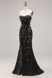 Petite robe de bal longue en dentelle sirène noire à dos à lacets avec fente