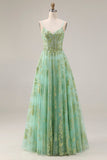 Corset de bal long long en tulle vert ligne A perlée avec des sequins
