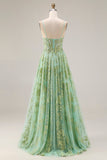 Corset de bal long long en tulle vert ligne A perlée avec des sequins