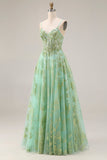 Corset de bal long long en tulle vert ligne A perlée avec des sequins