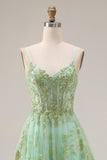 Corset de bal long long en tulle vert ligne A perlée avec des sequins
