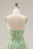 Corset de bal long long en tulle vert ligne A perlée avec des sequins