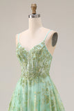 Corset de bal long long en tulle vert ligne A perlée avec des sequins