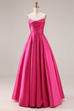 Élégante robe de bal longue de bal rose vif en style A-line bustless bustless et plissée en satin