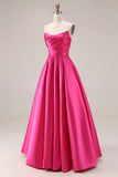 Élégante robe de bal longue de bal rose vif en style A-line bustless bustless et plissée en satin