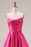 Élégante robe de bal longue de bal rose vif en style A-line bustless bustless et plissée en satin