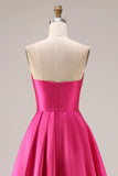 Élégante robe de bal longue de bal rose vif en style A-line bustless bustless et plissée en satin