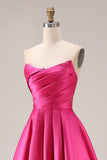 Élégante robe de bal longue de bal rose vif en style A-line bustless bustless et plissée en satin
