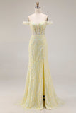 Robe longue de bal de promo à paillettes dénudées, sirène jaune clair avec fente