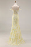 Robe longue de bal de promo à paillettes dénudées, sirène jaune clair avec fente