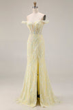Robe longue de bal de promo à paillettes dénudées, sirène jaune clair avec fente