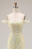 Robe longue de bal de promo à paillettes dénudées, sirène jaune clair avec fente