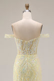 Robe longue de bal de promo à paillettes dénudées, sirène jaune clair avec fente