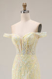 Robe longue de bal de promo à paillettes dénudées, sirène jaune clair avec fente