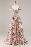 Corset fleuri A-Line dénudé, robe longue de bal Desert Rose