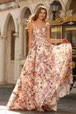 Corset rose à motifs floraux à ligne A longue robe de bal