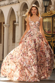 Corset rose à motifs floraux à ligne A longue robe de bal