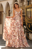 Corset rose à motifs floraux à ligne A longue robe de bal