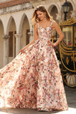 Corset rose à motifs floraux à ligne A longue robe de bal