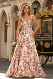Corset rose à motifs floraux à ligne A longue robe de bal