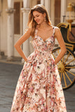 Corset rose à motifs floraux à ligne A longue robe de bal