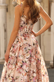 Corset rose à motifs floraux à ligne A longue robe de bal