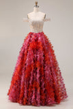 Robe de bal longue en Fuchsia A-line décollé sur l’épaule, perlée de paillettes et fleurs 3D