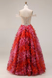 Robe de bal longue en Fuchsia A-line décollé sur l’épaule, perlée de paillettes et fleurs 3D