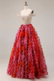 Robe de bal longue en Fuchsia A-line décollé sur l’épaule, perlée de paillettes et fleurs 3D