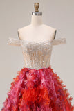 Robe de bal longue en Fuchsia A-line décollé sur l’épaule, perlée de paillettes et fleurs 3D
