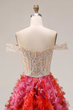 Robe de bal longue en Fuchsia A-line décollé sur l’épaule, perlée de paillettes et fleurs 3D