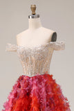 Robe de bal longue en Fuchsia A-line décollé sur l’épaule, perlée de paillettes et fleurs 3D