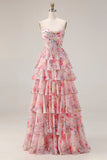 Corset de bal A-Line Sweetheart à motifs floraux roses, robe longue de bal à étages avec volants
