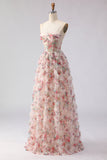 Corset de bal longue à motifs floraux rose clair avec volants