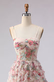 Corset de bal longue à motifs floraux rose clair avec volants
