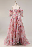 Robe de bal longue en chiffon en mousseline à manches bouffantes rose rose fleurie A Line