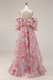 Robe de bal longue en chiffon en mousseline à manches bouffantes rose rose fleurie A Line