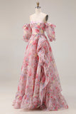 Robe de bal longue en chiffon en mousseline à manches bouffantes rose rose fleurie A Line