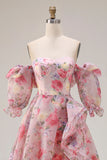 Robe de bal longue en chiffon en mousseline à manches bouffantes rose rose fleurie A Line