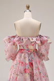 Robe de bal longue en chiffon en mousseline à manches bouffantes rose rose fleurie A Line