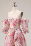 Robe de bal longue en chiffon en mousseline à manches bouffantes rose rose fleurie A Line