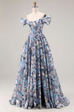 Corset bleu à épaules décollées Corset floral long robe de bal avec fente